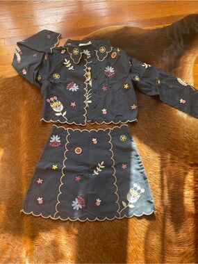Embroidered Navy Two-Piece Set with Scalloped Edges
